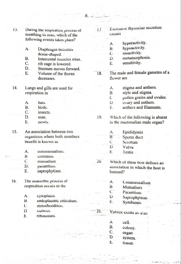 neco biology answer objective and essay