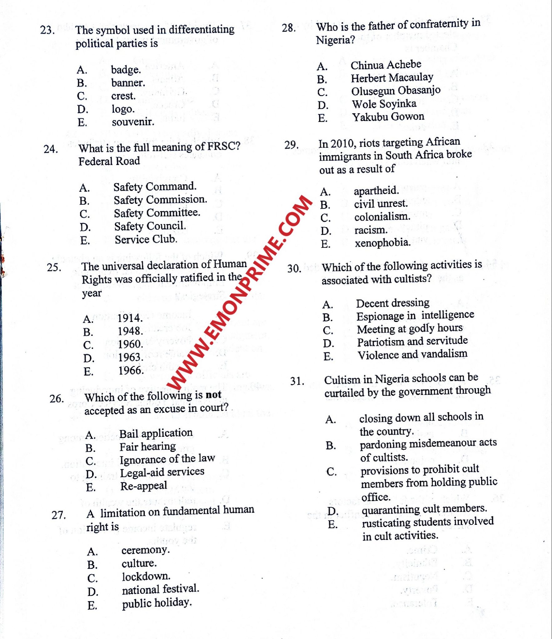 neco civic education obj and essay 2023 questions and answers