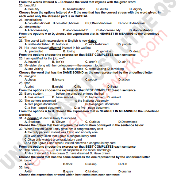 unical post utme past question paper