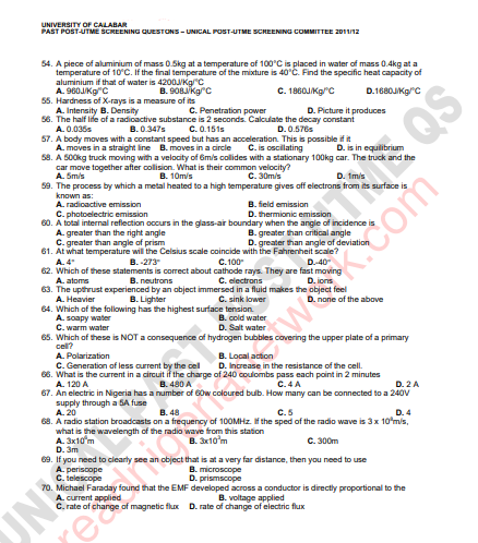 unical post utme questions 