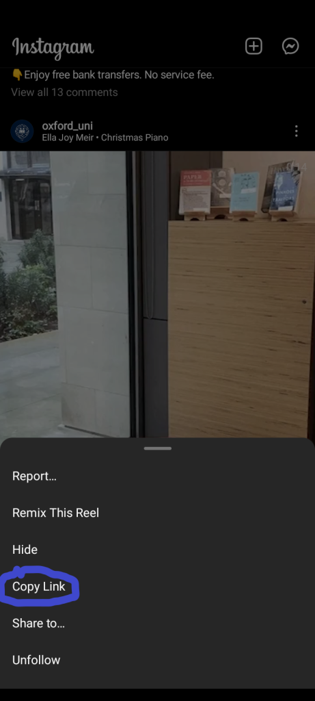 instagram video copy option